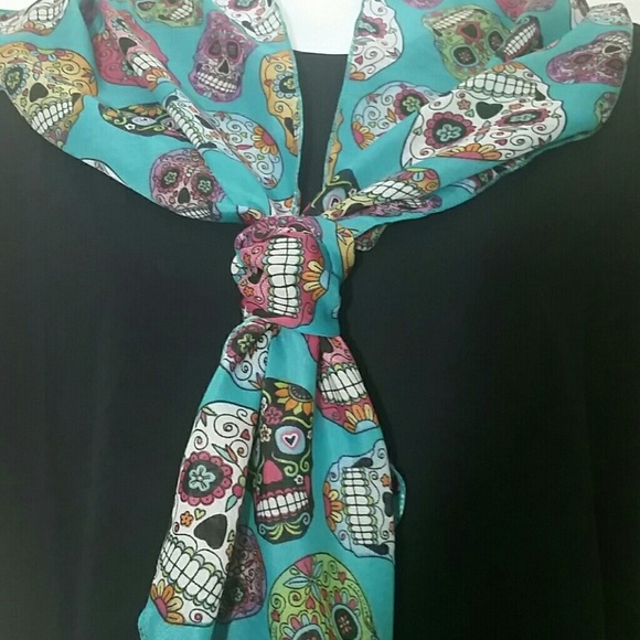 Scarf Sugar Skull Turquoise blue skeleton head NEW - Picture 2 of 4